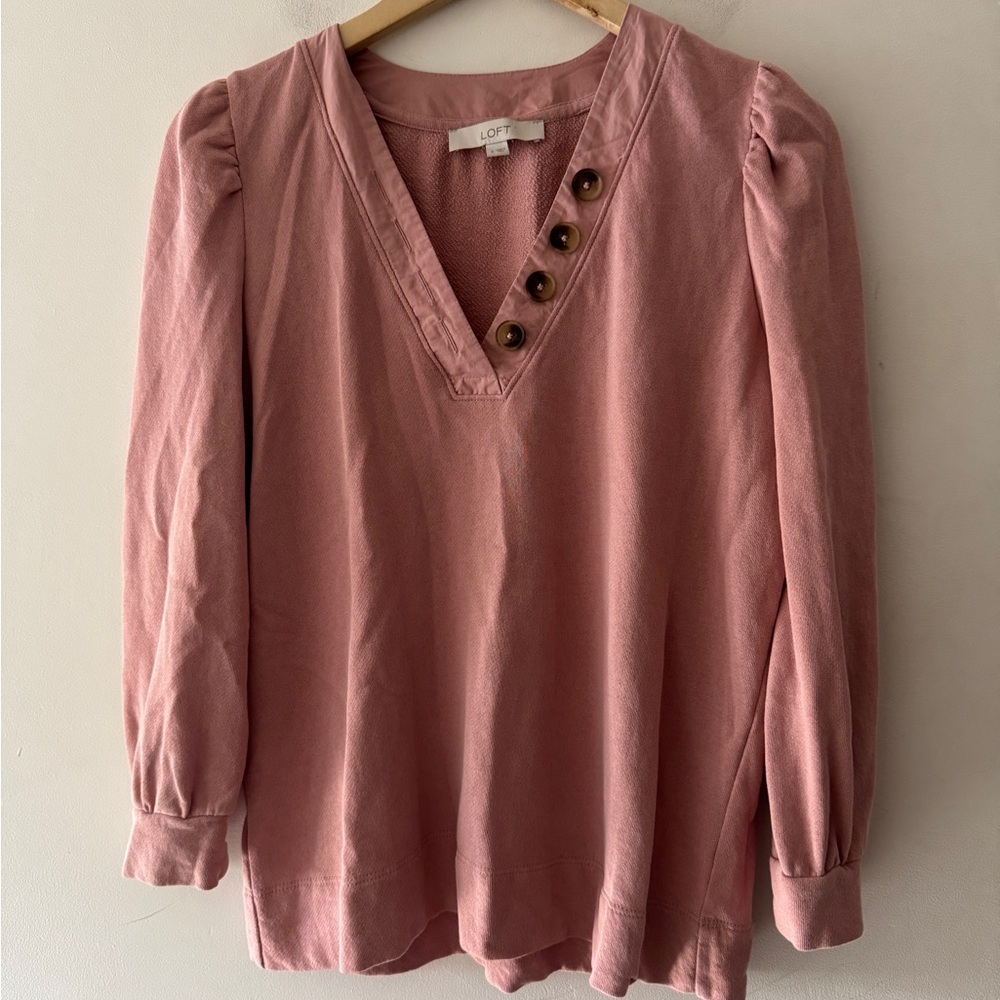 LOFT Dusty Pink Long Sleeve V Neck‎ Button Detail Top